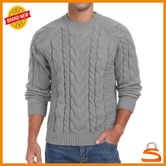Men's Cable Knit Pullover Sweater Long Sleeve Crewneck Casual Warm
